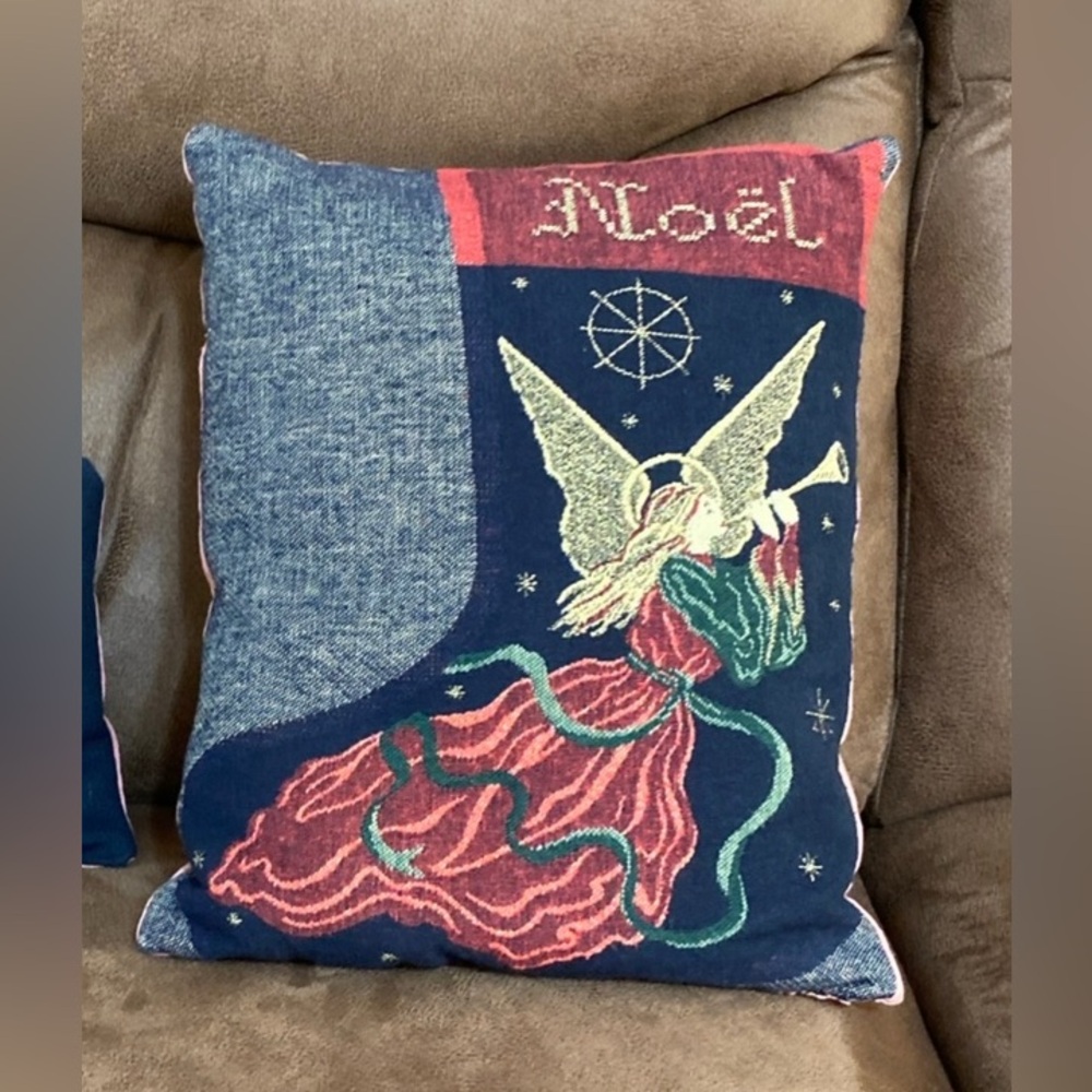 VTG Set of 2 Christmas Angel Noel Tapestry Woven Needlepoint Pillow 15x12”, 8x8”